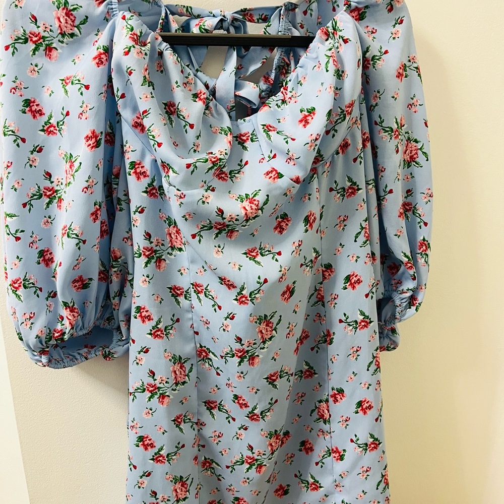 Charming English Floral Cottagecore Blue & Pink Dress with Bow Detail. Size 4